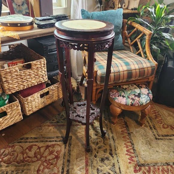 Vintage Rosewood Carved Marble Top 33" Plant Stand Planter Dark Wood Cherry 50s - Picture 5 of 12